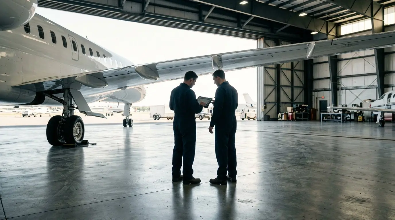 Technicians working on an aircraft in the hangar